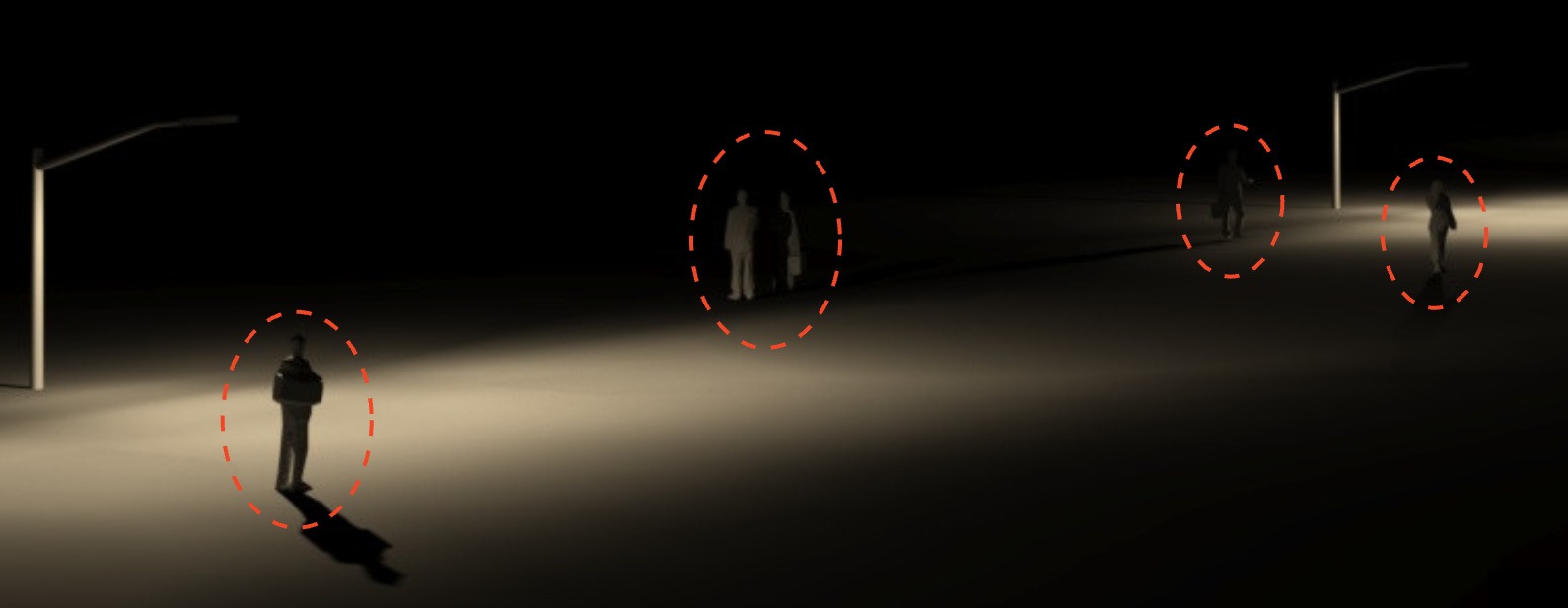 Annotated view: fewer bright fixtures show people barely visible in dark gaps