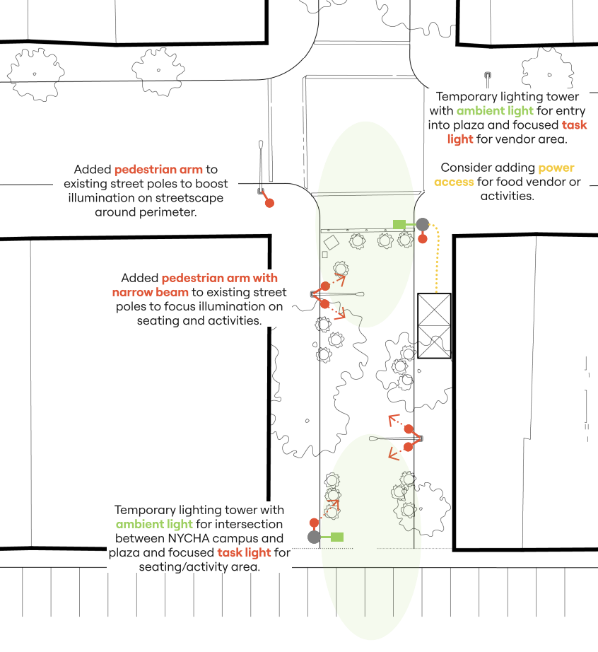 Top view and side view plan of Belmont Avenue Plaza lighting proposal