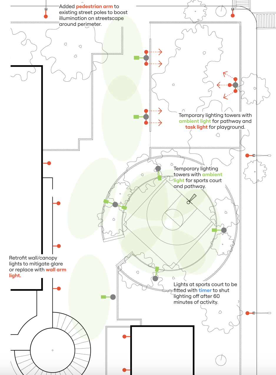 Top view and side view plan of NYCHA Seth Low playground and basketball court lighting proposal